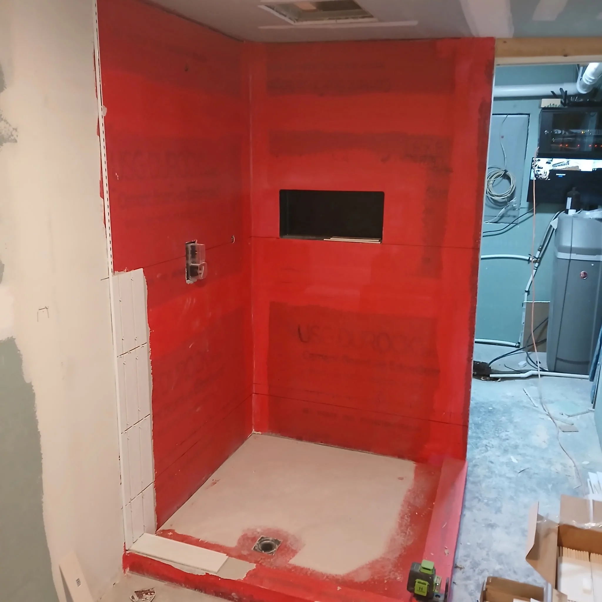 Shower waterproofing with cement board and built-in niche before tile